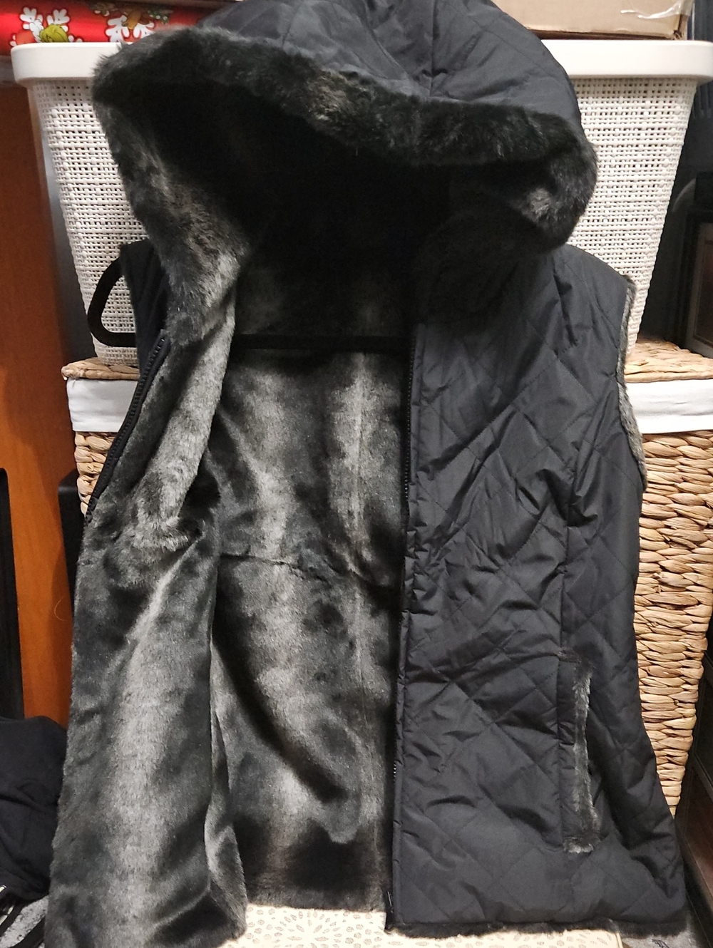 Quilted Hooded Vest with Two Tone Faux Fur Lining - Black